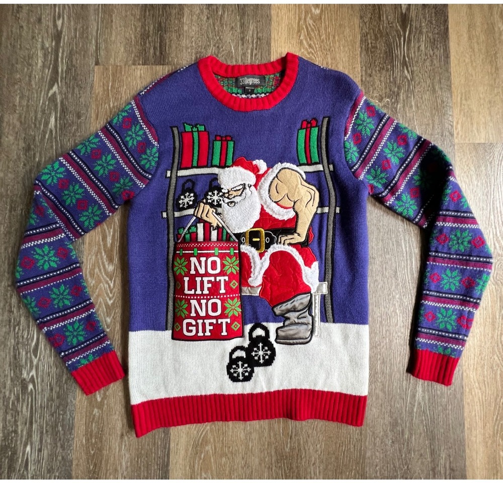 33 Degrees Sweater Mens Small Purple No Lift No Gift Buff Santa Ugly Christmas